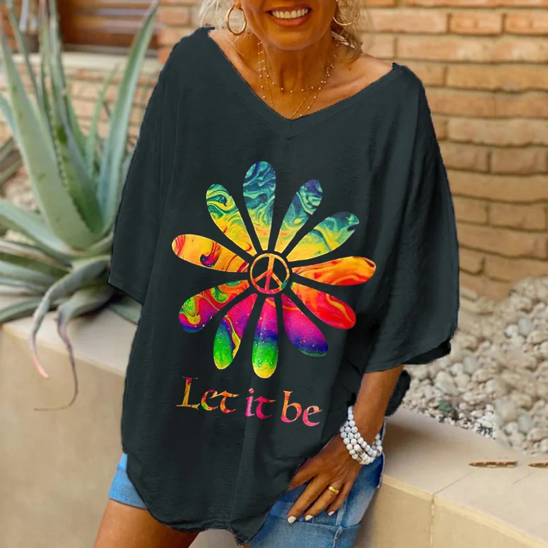 Oversized Let It Be Colorful Flower Printed Hippie Style Women's Tees