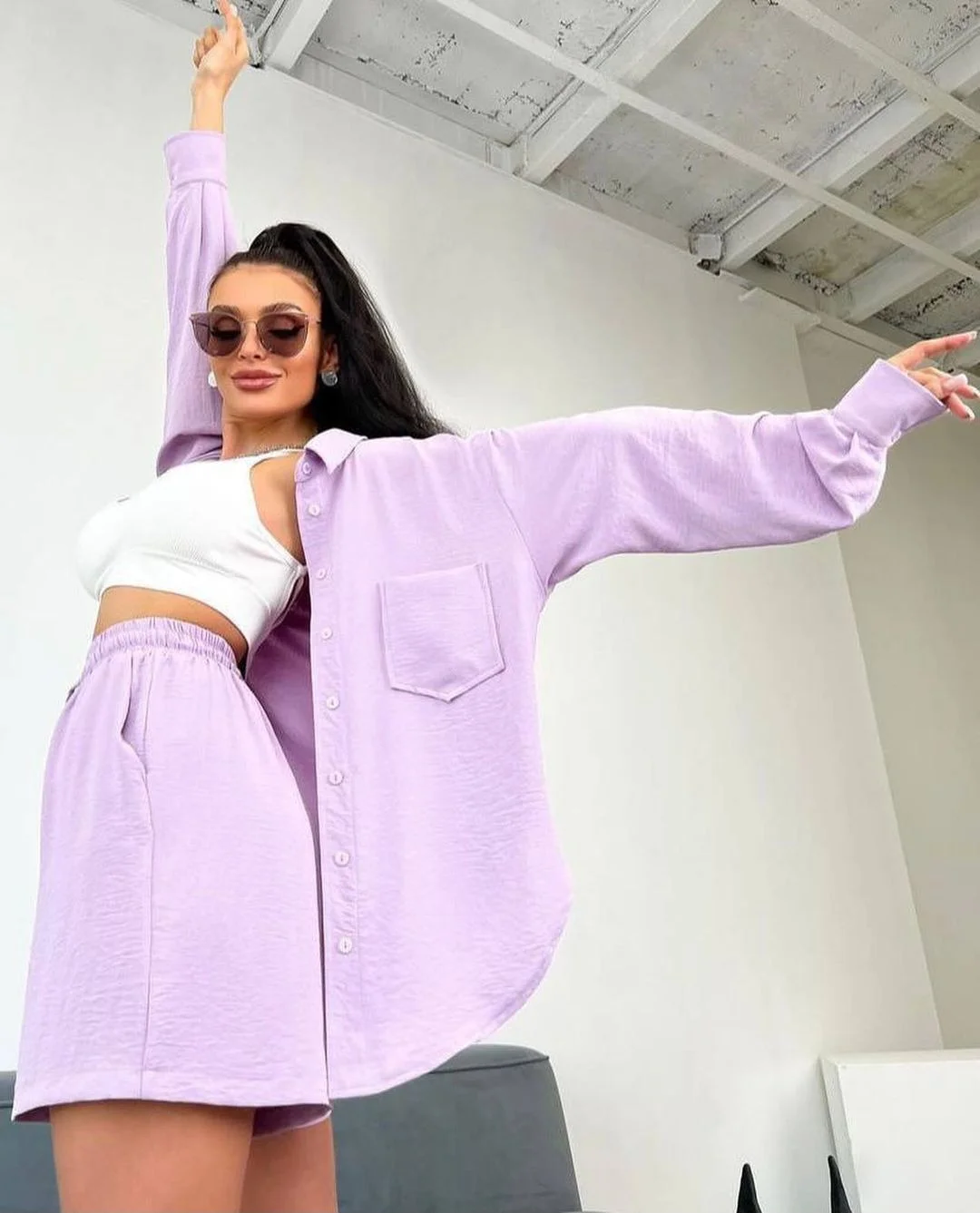 Nigikala Nigikala Women's Solid Color Single Row Buckle Long-Sleeved Shirt Loose Fashion Casual Shorts Set