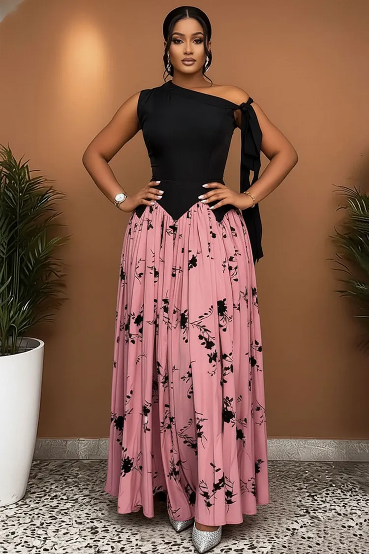 One Shoulder Sash Floral Print A-Line Patchwork Casual Maxi Dresses-Pink