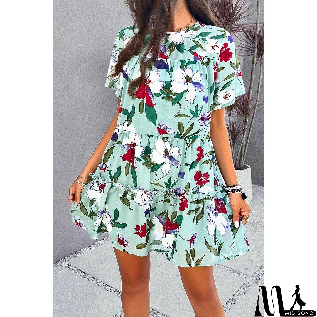 MidiSono - Knot Back Floral Lined Ruffle Loose Dress