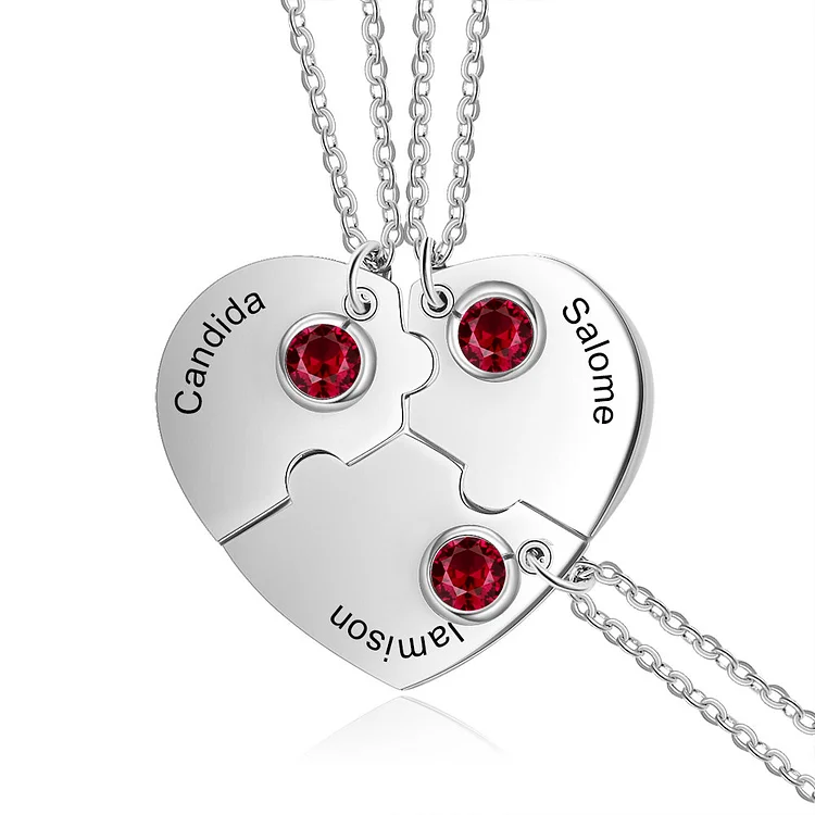Ruby Necklace Custom Heart Puzzle Necklace with 3 Birthstones Birthday Gift for Family Friends
