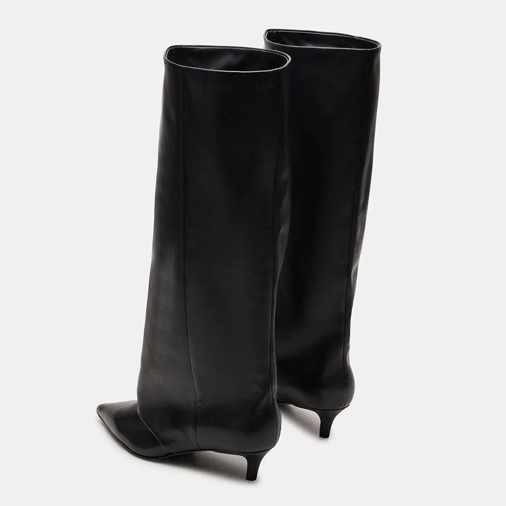 Black Faux Leather Pointed Toe Kitten Heel Knee High Boots for Women