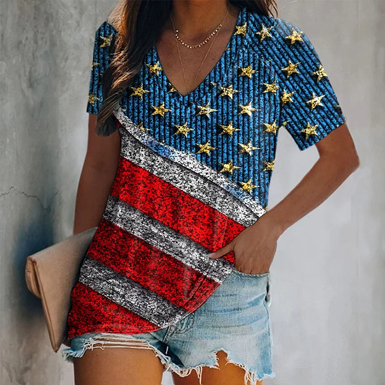 VChics Vintage American Flag V-Neck Short Sleeve T-Shirt