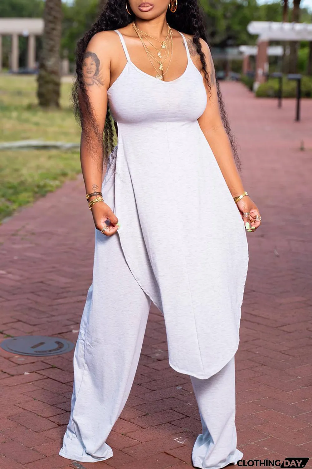 Grey Fashion Casual Solid Backless Asymmetrical Spaghetti Strap Sleeveless Two Pieces