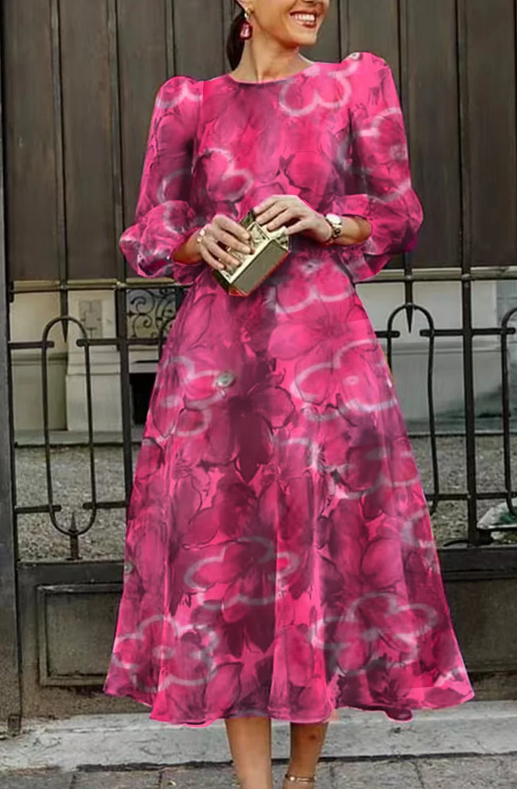 2024 Pink casual plant print dress