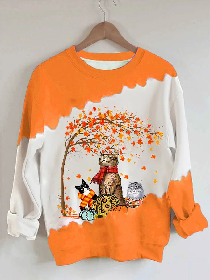 Women's It's The Most Wonderful Time of The Year Fall Drinking Pumpkin and Cat Print Sweatshirt