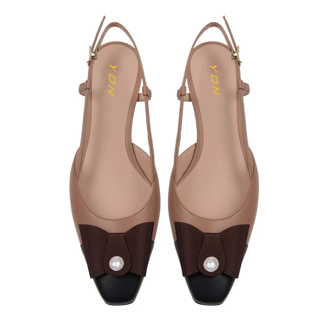 Fashion Brown Bow Chunky Heel Pearl Square Toe Slingback Pumps