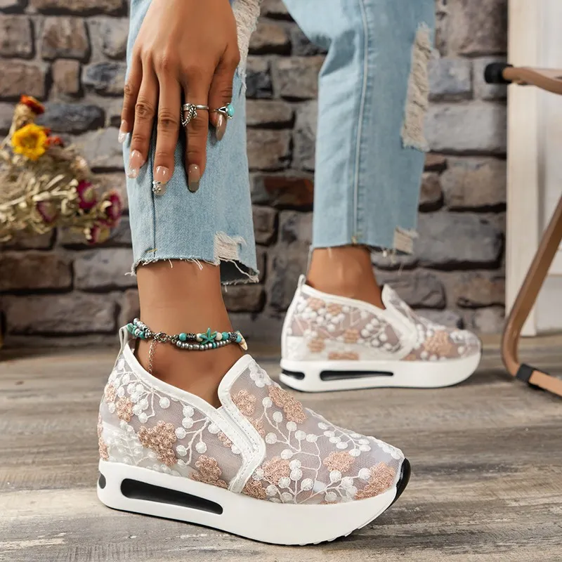 Breakj Breakj Women 2025 Spring Korean Version Of The New Lace Mesh Casual Heel High-Shoe High-Shoe Women's Single Shoes