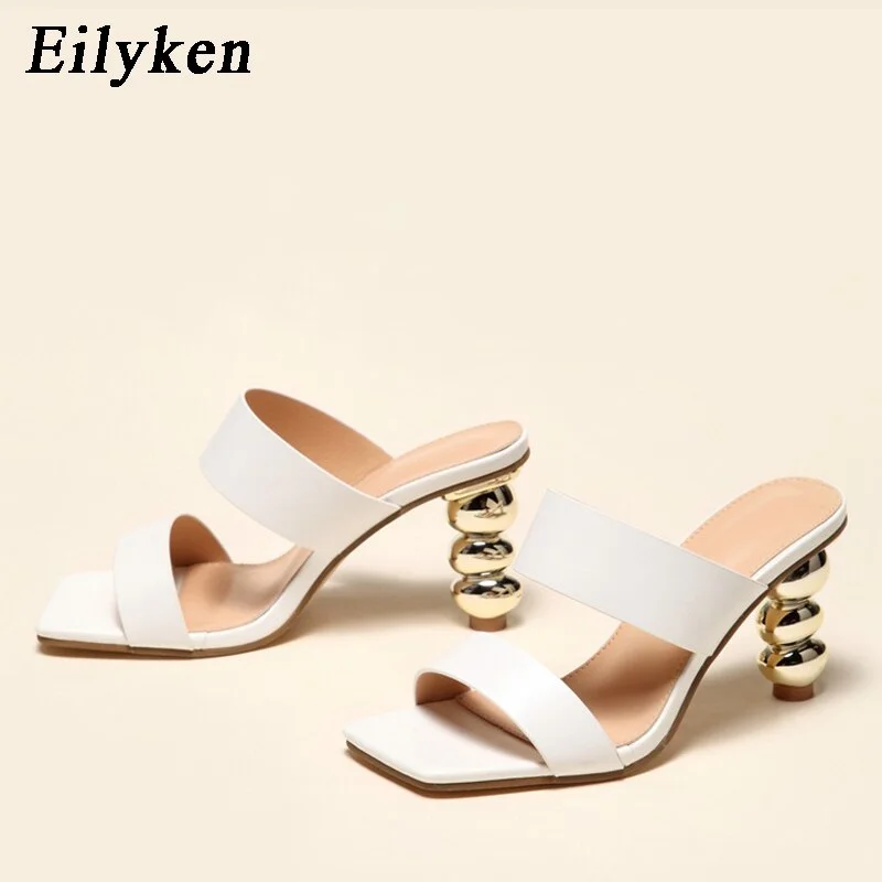Eilyken New Design Metal Strange High Heels Summer Women Slipper Elegant Square Toe Slip-On Sliders Shoes Ladies Sandals Size 42