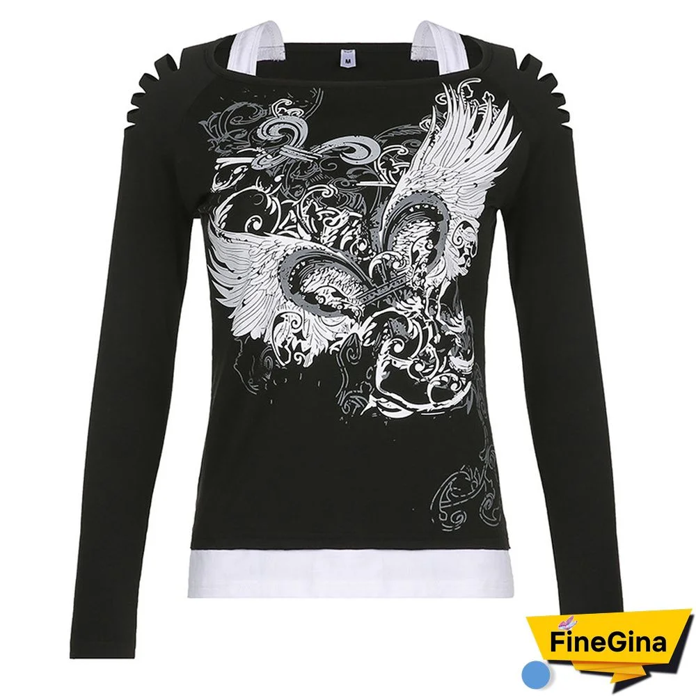 Y2K Grunge Fairycore Tshirts Heart Angel Wings Print Long Sleeves Slim Tops Fashion Cold Shoulder Tee Harajuku Cloth