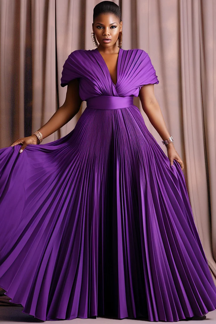 Xpluswear Design Plus Size Formal Purple V Neck Short Sleeve Pleated Pocket Maxi Dresses [Pre-Order] 2024 - Xpluswear