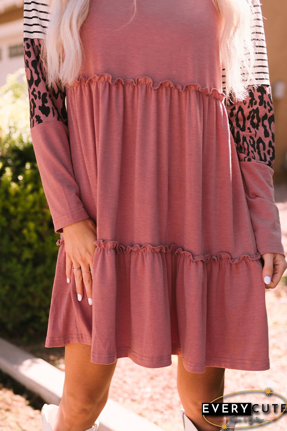 Pink Striped Leopard Patchwork Long Sleeve Mini Dress
