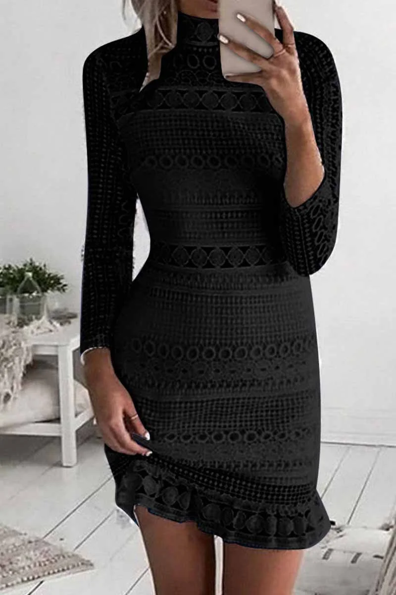 Pure Color Sexy Hollow Lace High Collar Mini Dress