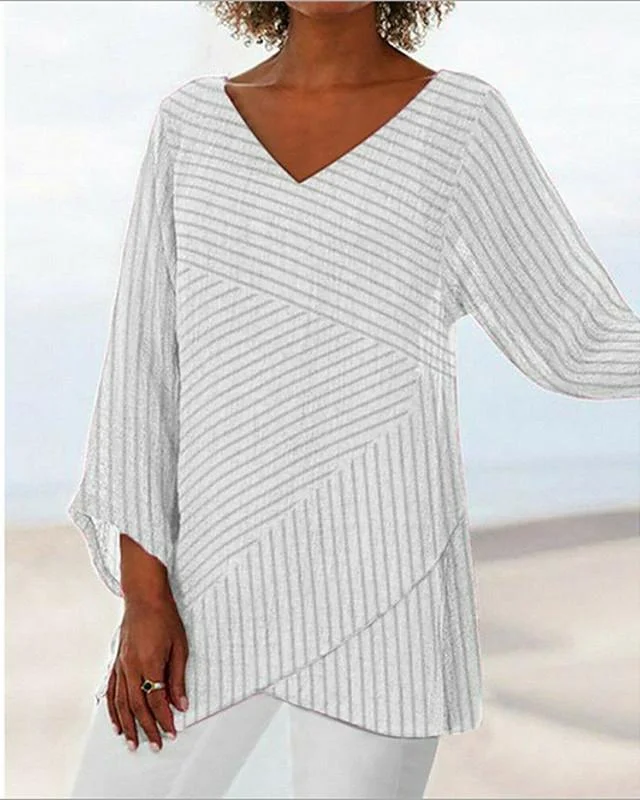 Women's T-Shirt Striped Long Sleeve V Neck Tops Basic Top White Black Blue-815