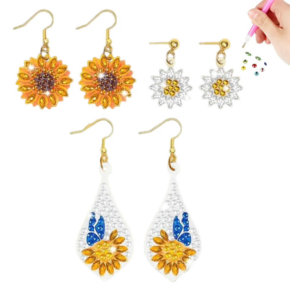 3Pairs DIY Double Sided Sunflower Butterfly Diamond Painting DIY Earring Making Kit