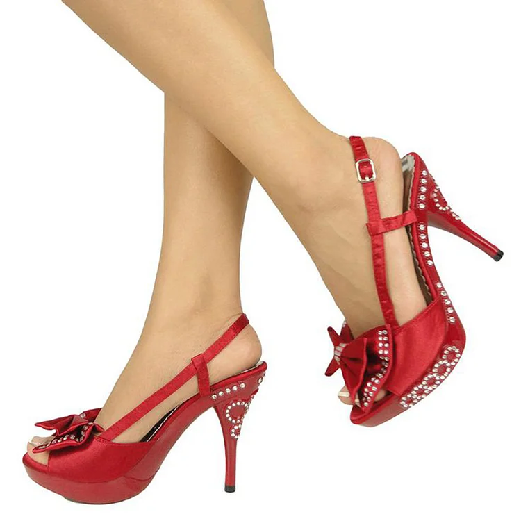 Women'S Red Peep Toe Sandals Classic Platform Stiletto Heel Rhinestones Bow Shoes |FSJ Shoes