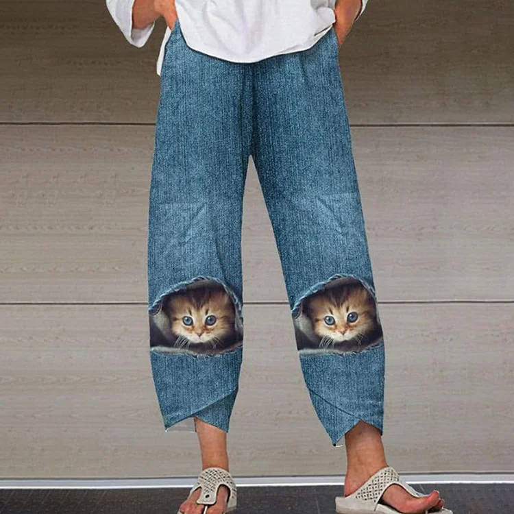 Casual Cat Print Pocket Pants