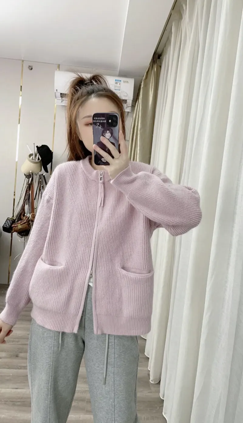 Churchf Color Lazy Wind Double-Headed Zipper Soft Waxy Sweater Autumn New Women's High-Level Versatile Knit Cardigan