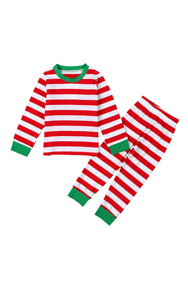 Crew Neck Long Sleeve Stripe Christmas Kids Pajama Suit Red-elleschic