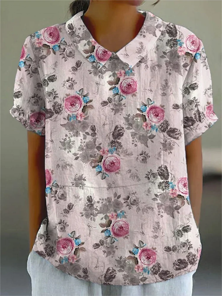 Women's Flower Print Casual Cotton And Linen Shirt