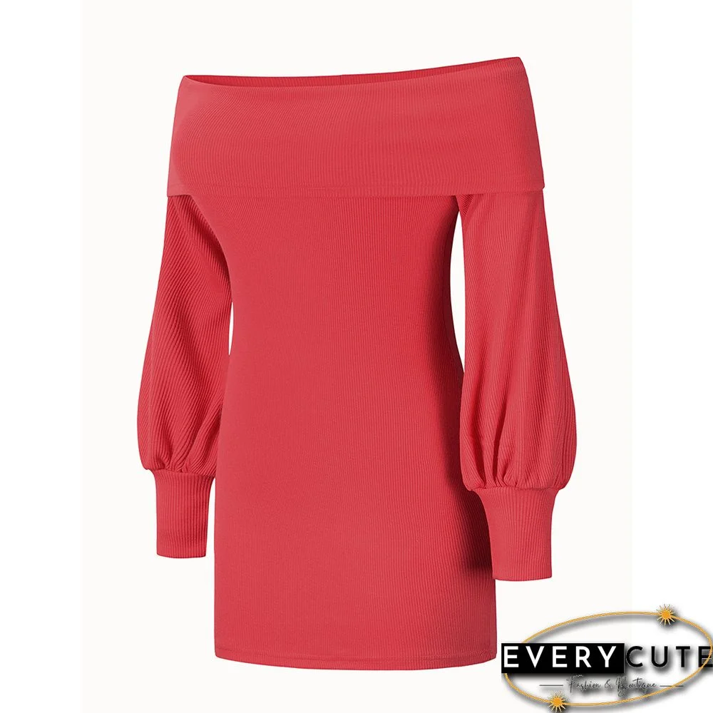Watermelon Red Rib Lantern Sleeve Off Shoulder Mini Dress