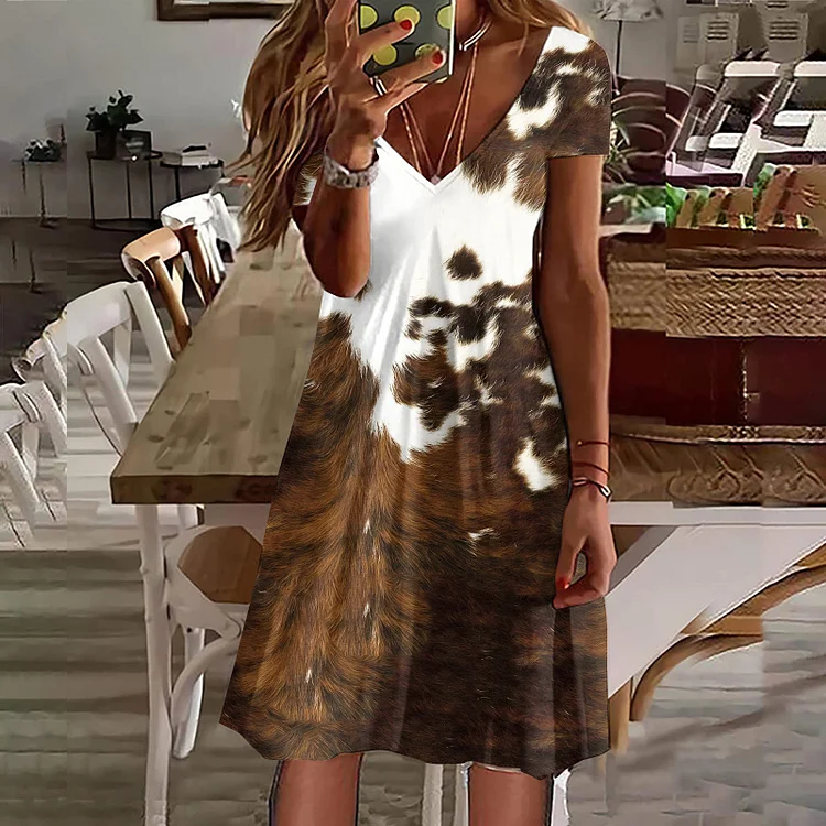 Western Cowhide Print V-Neck Midi Dress