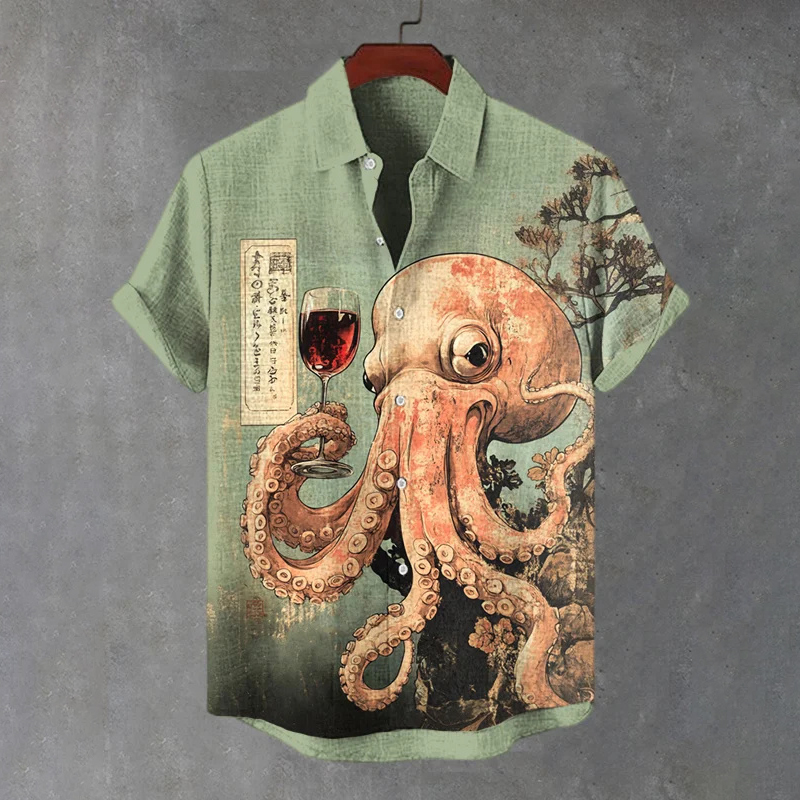 Men's Octopus Drinking Red Wine Fantasy Art Print Casual Shirt