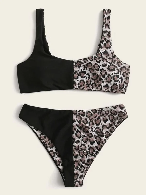 Leopard Print Split-Joint U-Neck Split Bikini Swimsuit