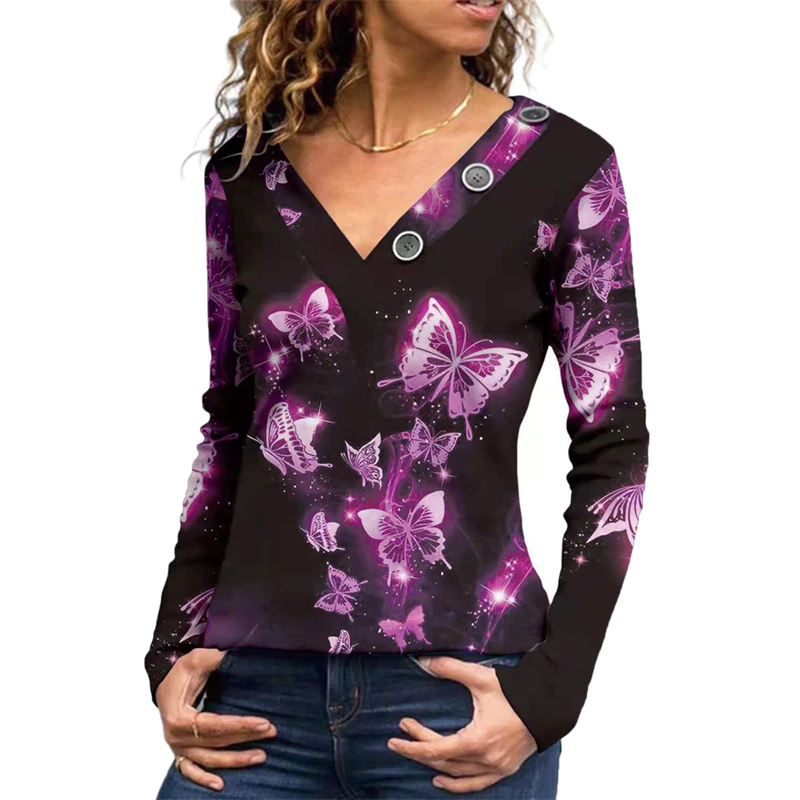 Fashion Women' S Women Sexy Tops Slim V-Neck Buttons Butterfly Print T-Shirt Femme Casual All-Match Long Sleeve 2021 Top Lady