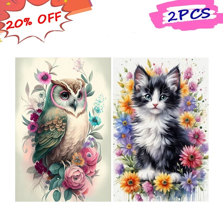 2pcs Owl Cat 40*60CM (Canvas) Full Round Drill Diamond Painting gbfke
