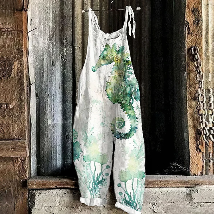 Comstylish Vintage Watercolor Sea Horse Art Print Loose Jumpsuit