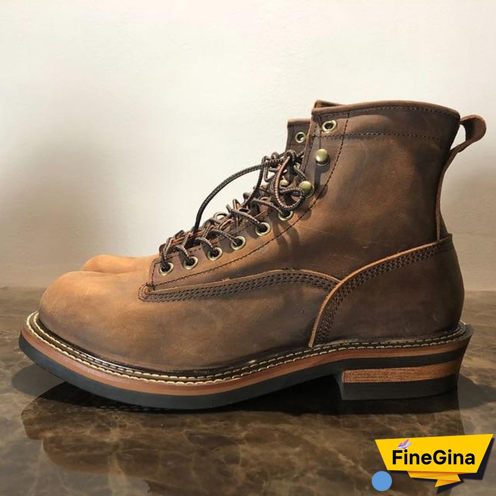 Vintage Lace-Up New Genuine Leather Platform Men Ring Black Red Ankle Boots Dress Work Casual Motorcycle Boots