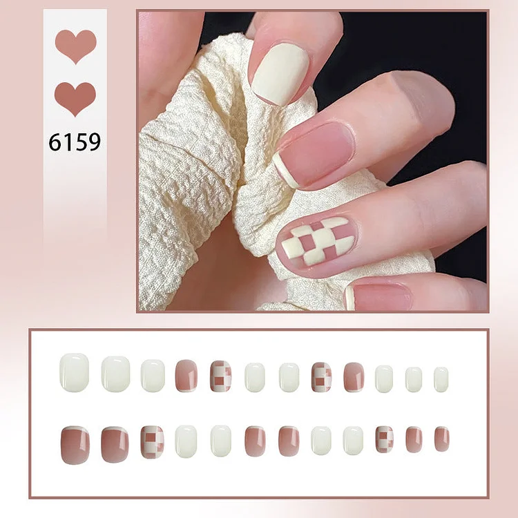 【Flash Sale】Pink White Checkerboard Wearable Nails Finished Manicure