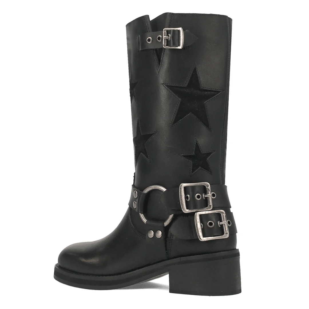 Vegan Leather Star Inlay Studded Buckle Strap Block Heel Black Boots