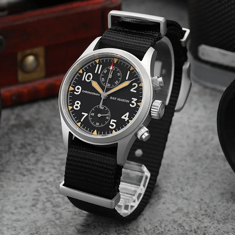 UK warehouse-San Martin 37mm Retro Chronograph Field Watch SN0120 San Martin Watch san martin watchSan Martin Watch