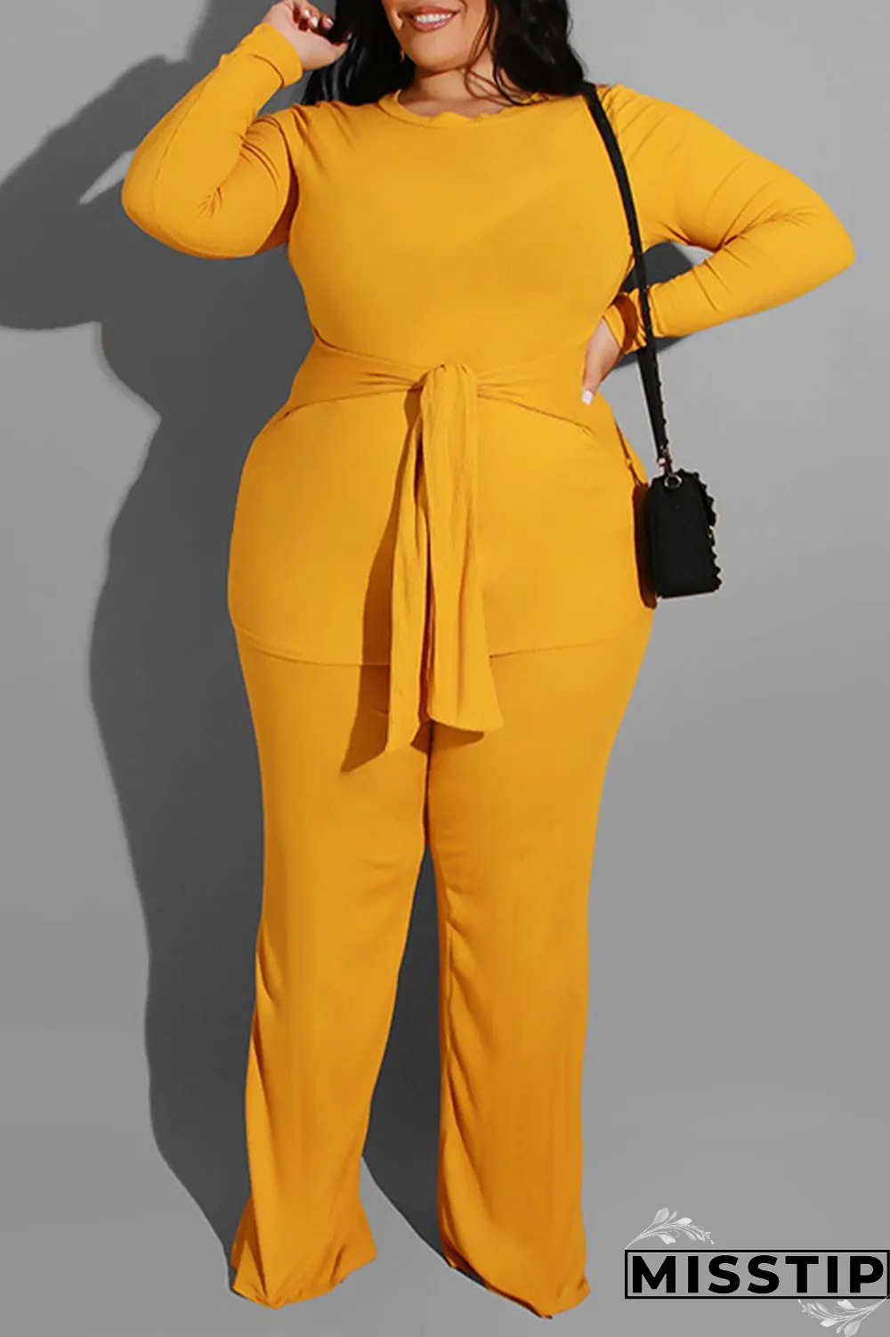 Yellow Casual Solid Patchwork O Neck Plus Size Two Pieces