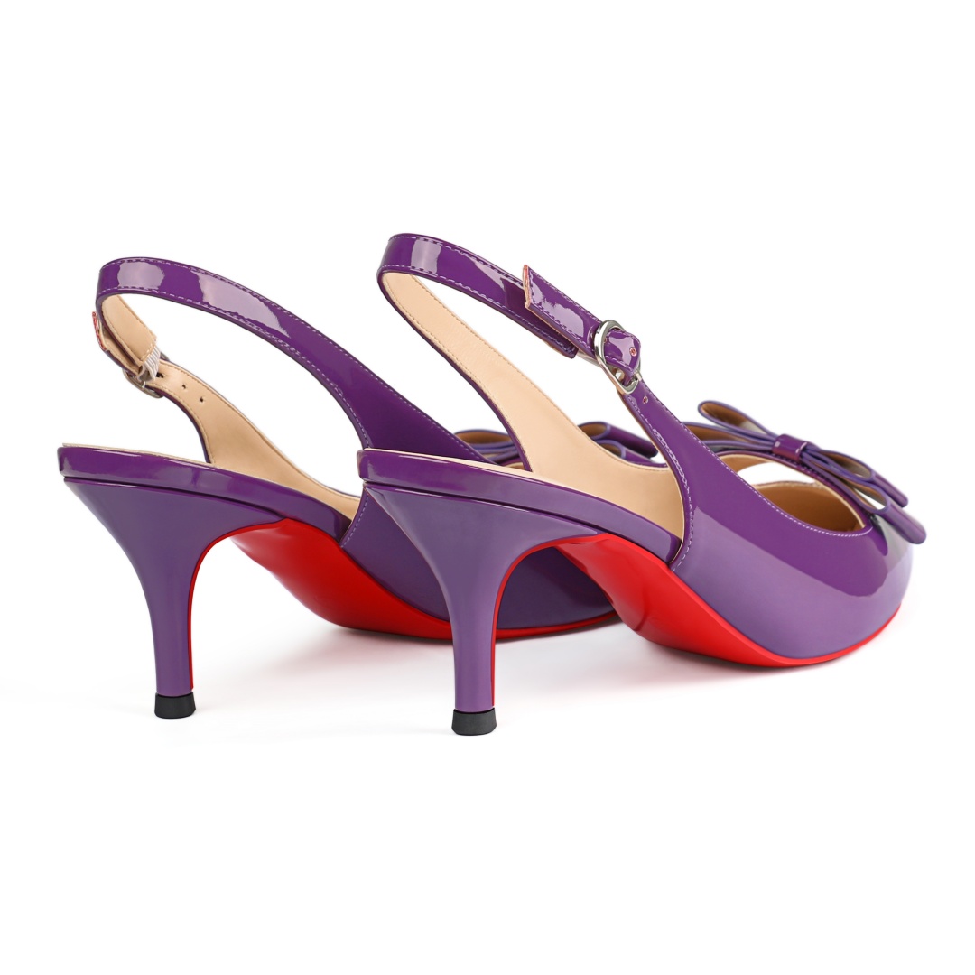 65mm Women's pointed Toe Bowknot Kitten Heel Slingback Pumps Red Bottom Patent Shoes-MERUMOTE
