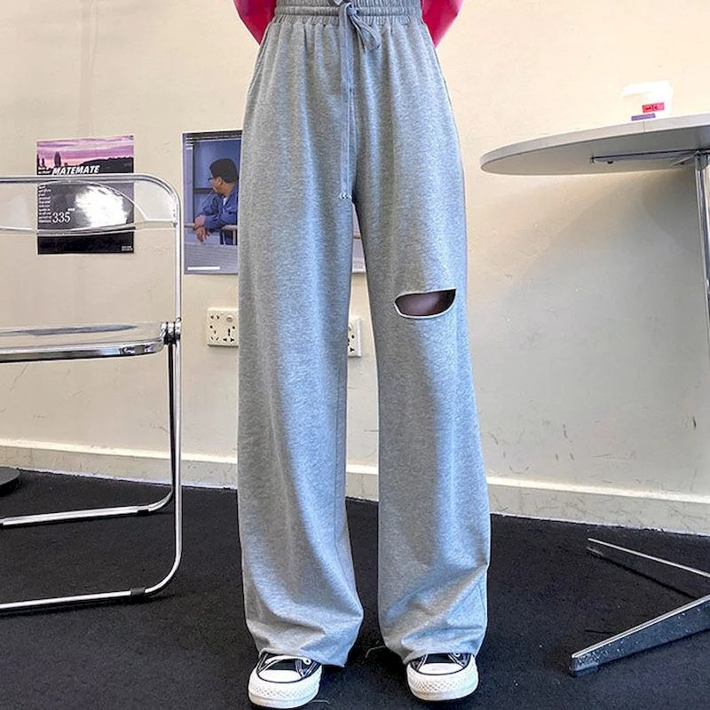 thin  jogger high waist hole Pants women sweatpants Korean style plus size 2020 wide leg loose sweat pants Ankle-Length