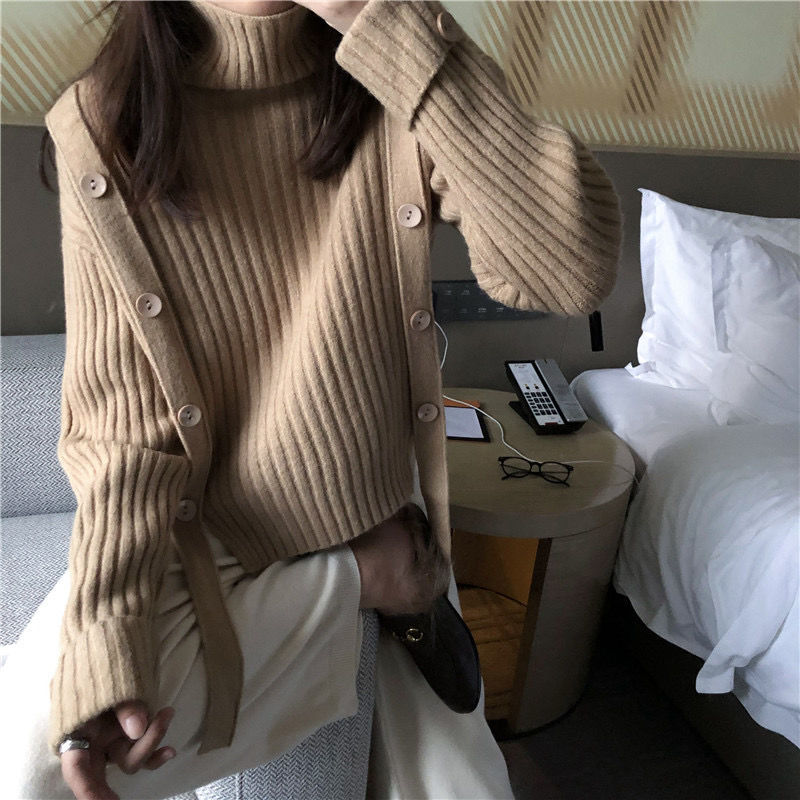 Women's Turtleneck European Sweater Winter Loose Double-Breasted Sunken Stripe Sweater