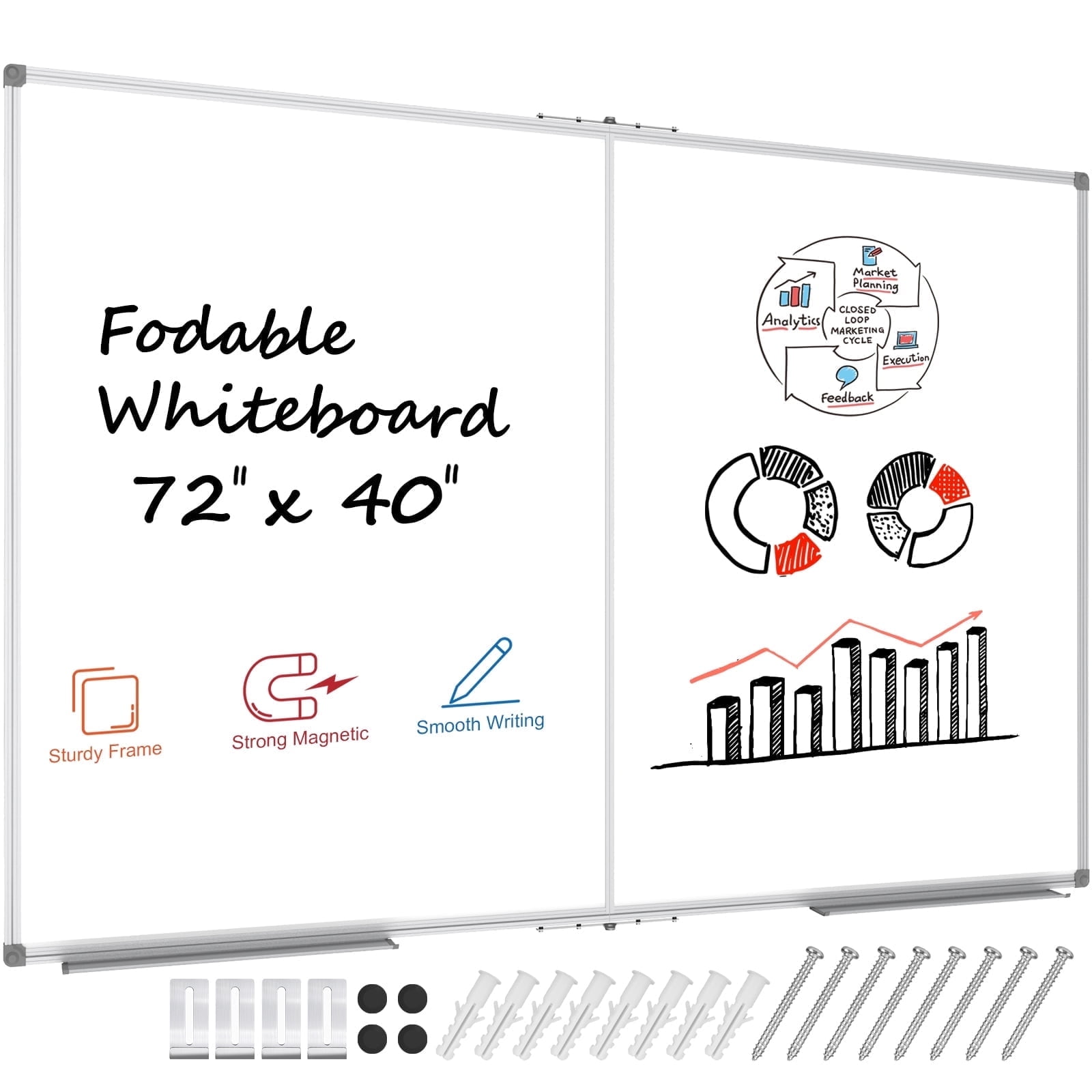 JILoffice Foldable Dry Erase Board, 72" x 40" White Board, Wall Mounted Magnetic Board for Office Home and School