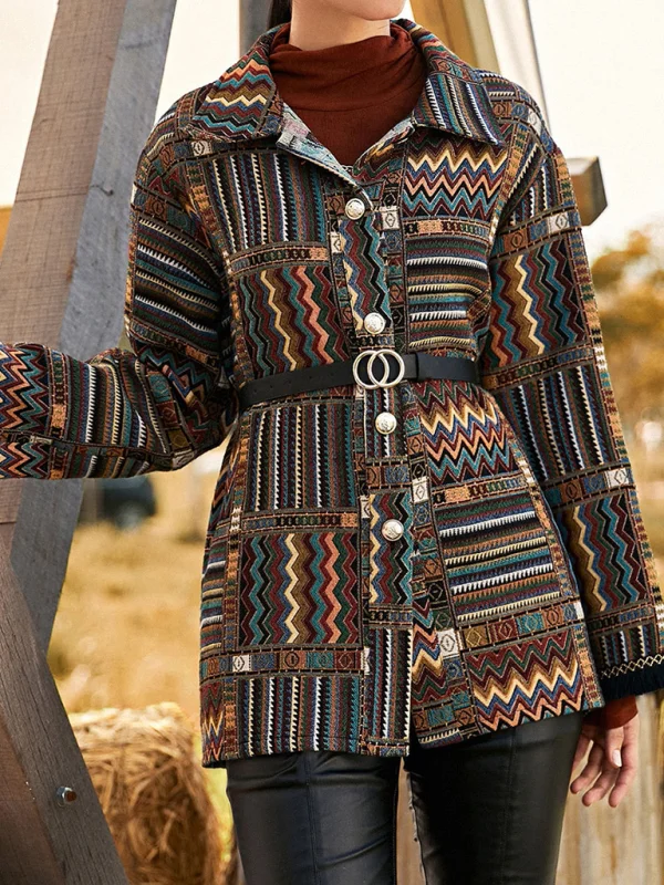 Women's Ethnic Jacquard Lapel Wool Coat Flusfy