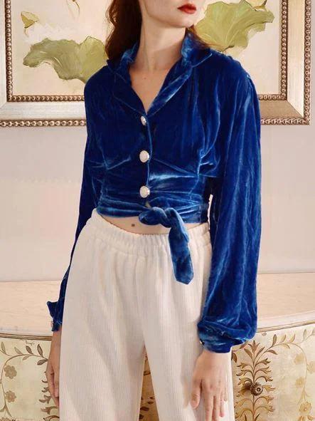 Royal Blue Lapel Plain Velvet Shirt