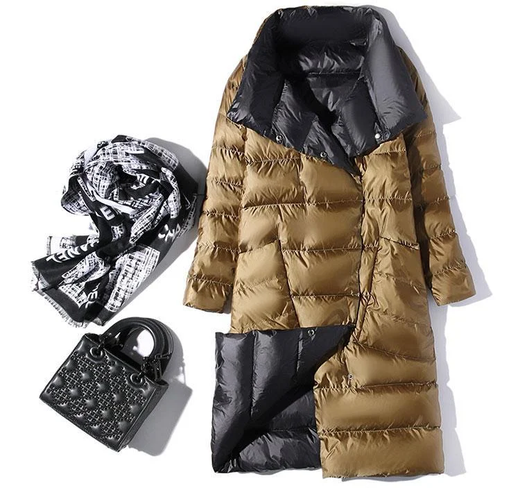 FTLZZ Ultra Light Long Jacket Women Winter Double Sided Slim White Duck Down Coat Single Breasted Turtleneck Warm Parkas