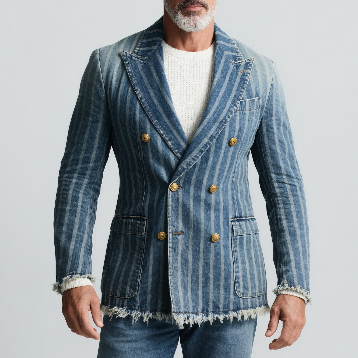 Men's Denim Striped Double Breasted Long Sleeve Raw Edge Blazer