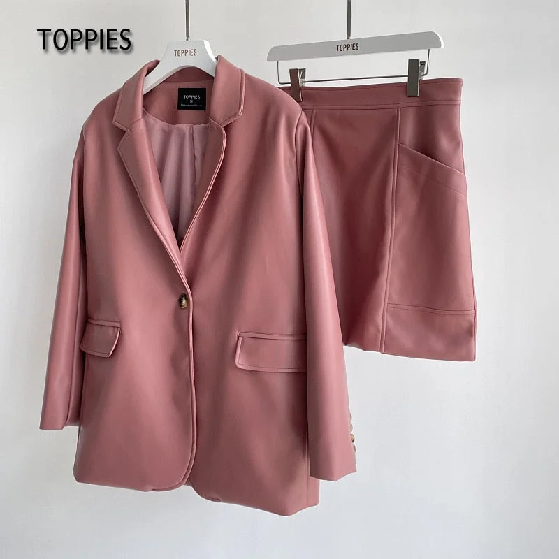 Toppies 2021 New Women PU Jackets Fashion Female Streetwear Coat +  Leather Skirt Office Lady A-line Short Skirts