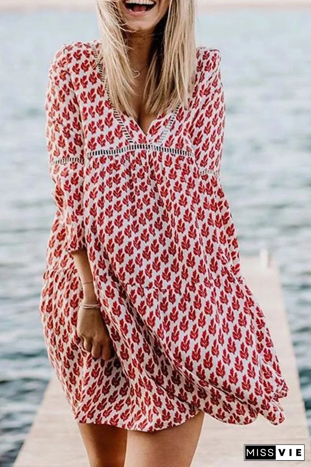 V-Neck Flare Three Quarter Sleeve Dress