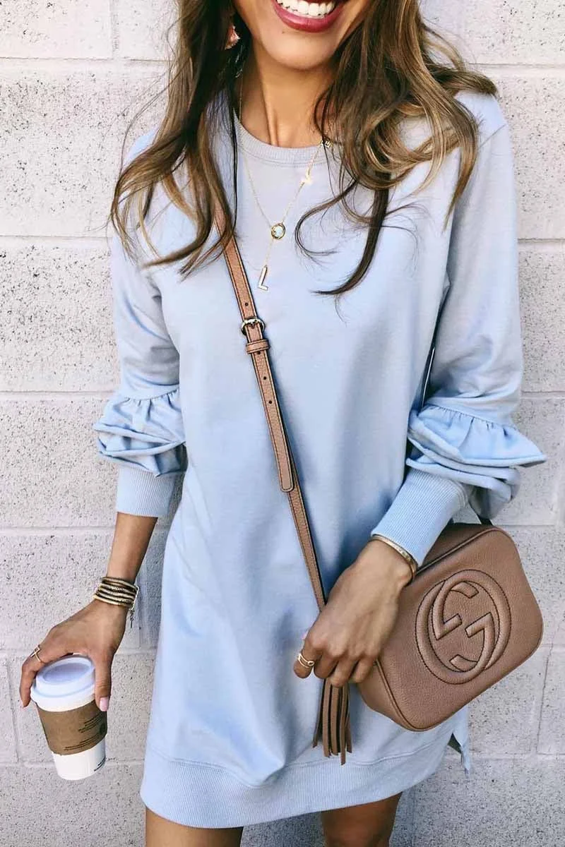 Pure Color Natural Drape Pile Sleeves Mini Dress
