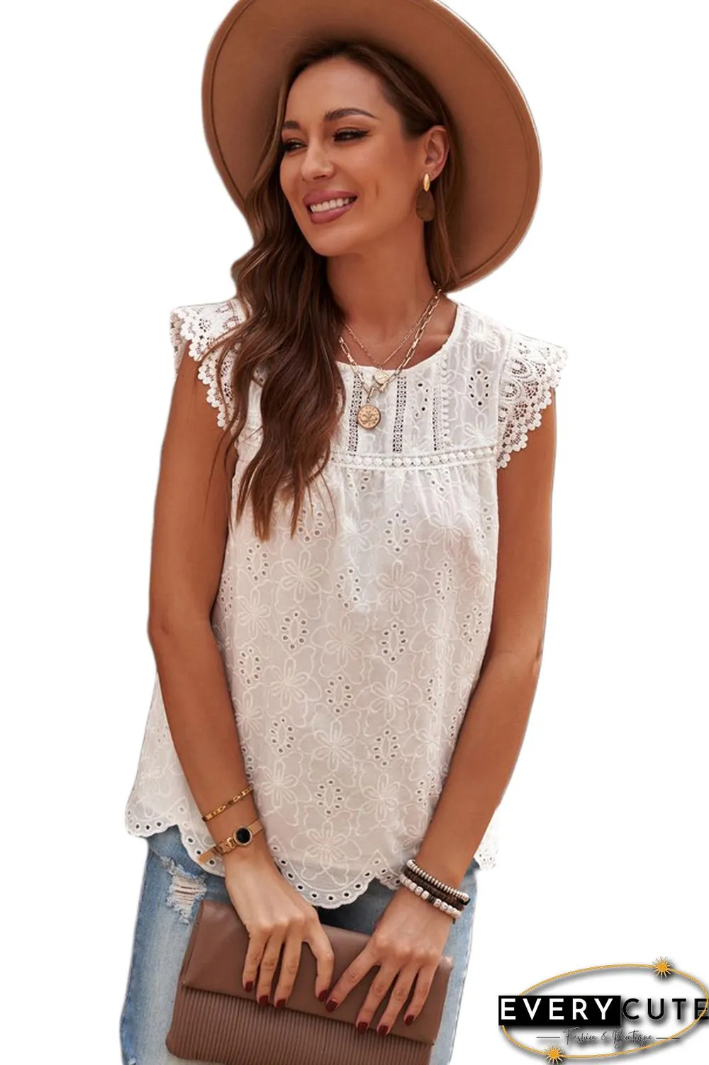 White Sleeveless Eyelet Tank Top