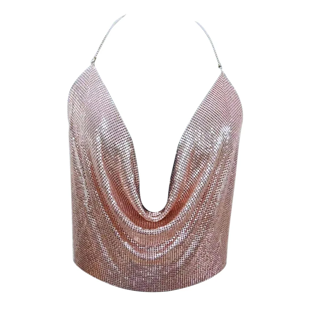 Women's Metal Sequins Camisoles Sexy Backless Chain Halter Crop Tops Party Dance Club Wear Lady Ruched Deep V Tops Streetwear
