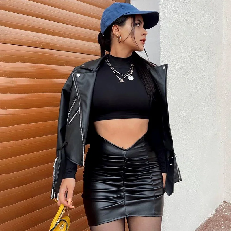 Toloer Toloer Color Pleated PU Wrap Hip Skirt Women's Short Skirt-Outfit Ideas